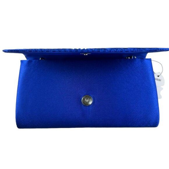 Royal Blue Ruched Satin Detail Flap Square Shiny Clutch Women's Bag Elegant - Picture 3 of 11